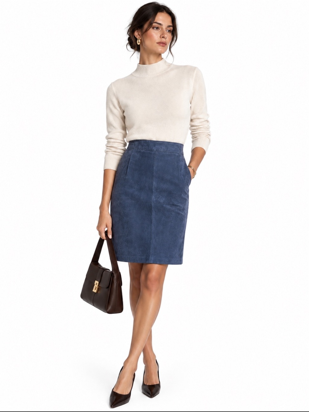 Toffs Vintage Navy Blue Suede Pencil Skirt - Size 6P New With Tag